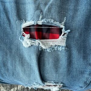 Judy Blue Men's Light Blue Ripped Jeans with Red Plaid Detail